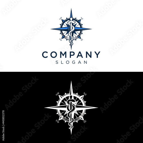Rod of Asclepius with compass logo, Medical snake vector icon, on white background and black background