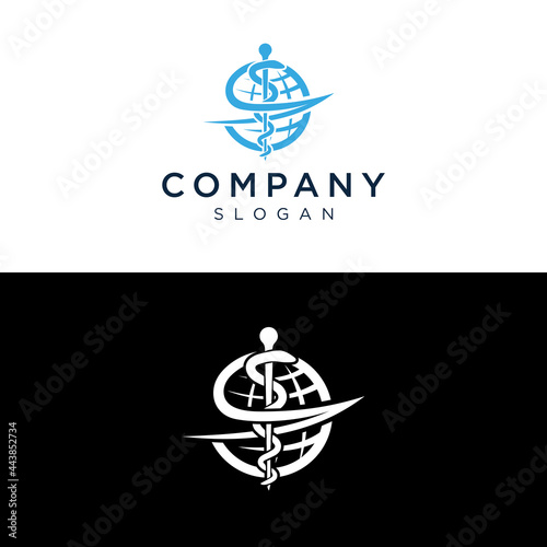 Medical snake vector icon, Rod of Asclepius with world logo on white background and black background photo