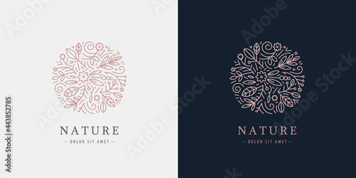 Vector linear plant logo. Circle luxury organic emblem. Abstract badge for natural products, flower shop, cosmetics, ecology concepts, health, spa, yoga center. Leaves and florals