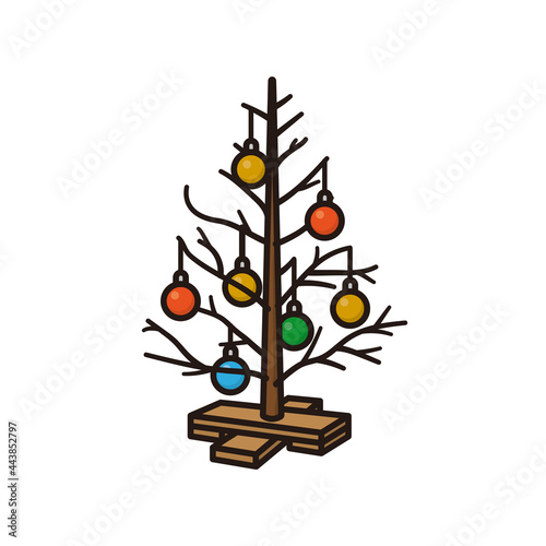 Bare christmas tree with baubles isolated vector illustration for Falling Needles Family Fest on December 30