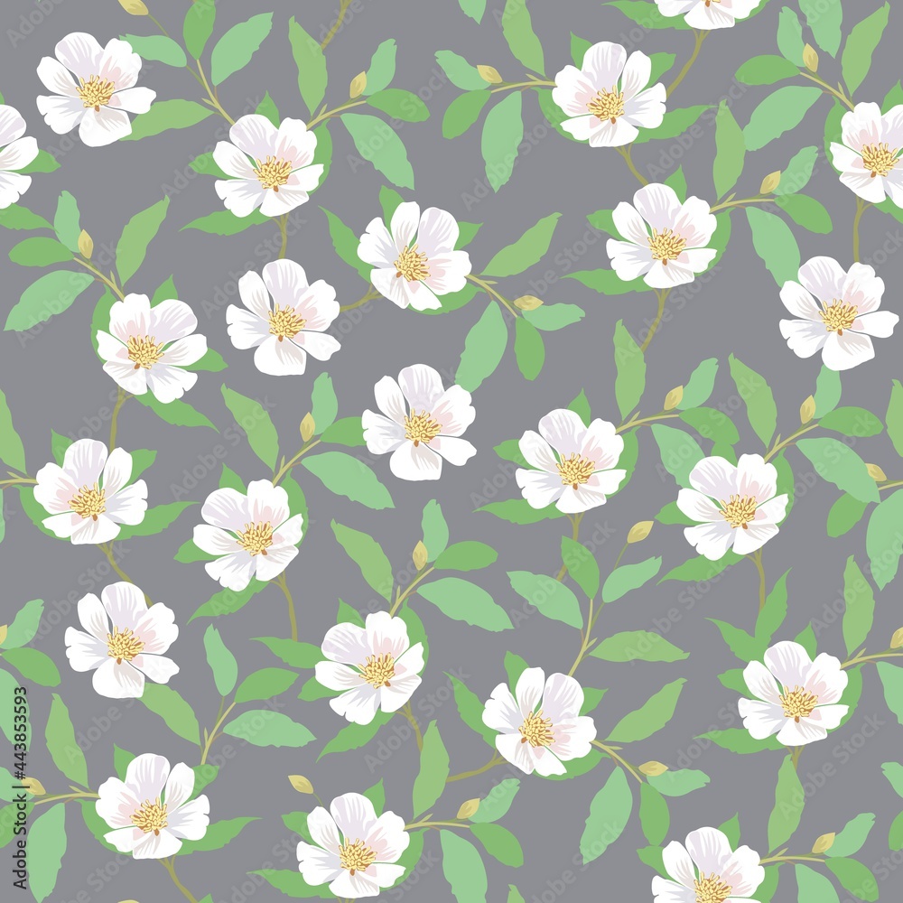 Seamless vector pattern with white flowers and green leafs on a grey background Seamless vector pattern with white flowers and green leafs on a grey background