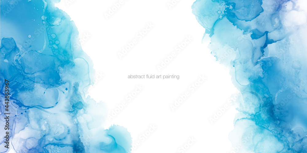 Abstract blue painting by watercolor and alcohol ink texture isolated on white background with empty space for text. - obrazy, fototapety, plakaty 