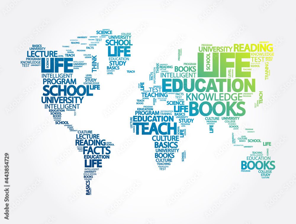 Education word cloud in shape of world map, concept background Education word cloud in shape of world map, concept background
