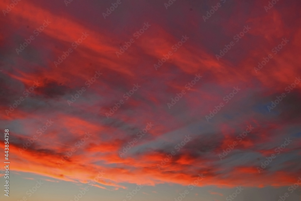 Colorful cloudy sky at sunset. Sky texture, abstract nature background. Sunset sky with red clouds