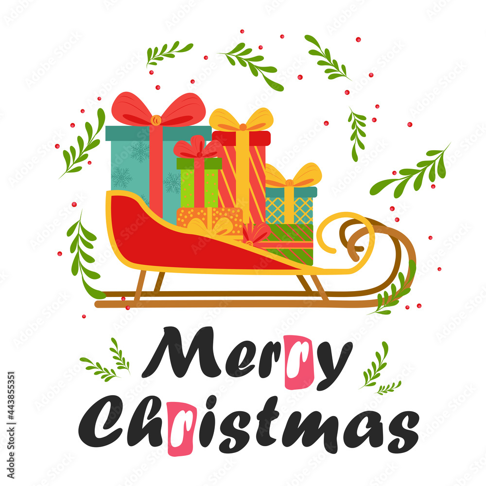 custom made wallpaper toronto digitalChristmas sledge with present boxes, flat design, gift card. New year holiday festive transport sled
