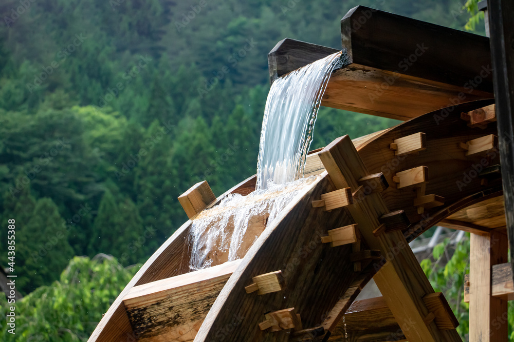The mill wheel rotates under a stream of water, close up. - obrazy, fototapety, plakaty 