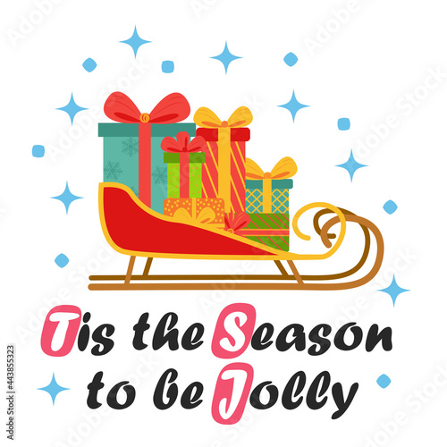 Christmas sledge with present boxes, flat design, gift card. New year holiday festive transport sled
