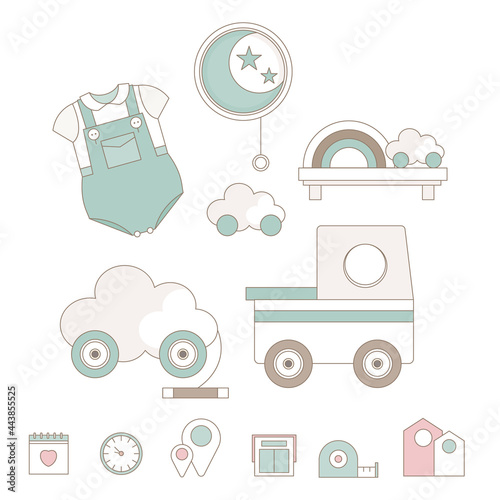 Baby boy and girl design elements and decor. Invitations, cards, nursery decor
