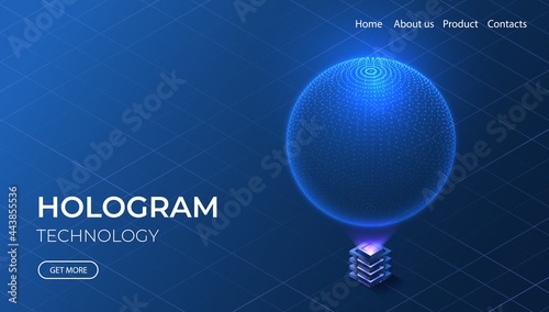 Hologram technology isometric concept. Futuristic digital sphere. High tech quantum network.