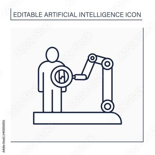 AI in medicine line icon. X-ray. Robot machine examine human body. Modern technology improves medicine. AI diagnostic concept. Isolated vector illustration. Editable stroke