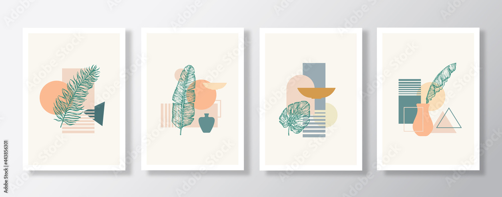 Hand Drawn Palm Leaves Posters with Geometric Shapes Illustrations Collection. Abstract Vector Botanical Background Decorative Wall Art Set. Contemporary Design for Cover Apparel Print, Wallpaper