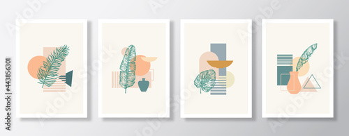 Hand Drawn Palm Leaves Posters with Geometric Shapes Illustrations Collection. Abstract Vector Botanical Background Decorative Wall Art Set. Contemporary Design for Cover Apparel Print, Wallpaper