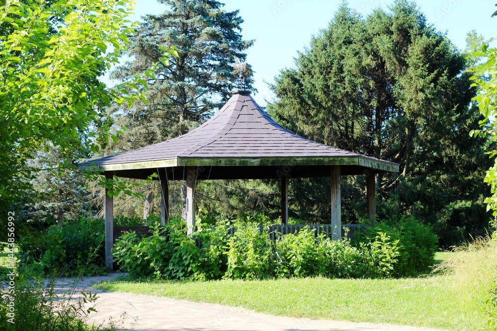The old wooden gazebo in the park.