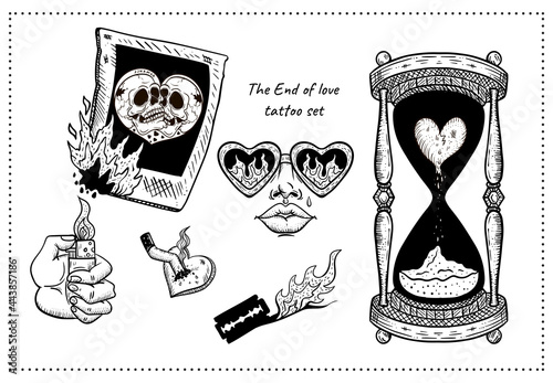 the end of love tattoo set: skull, fire, blade, hourglass, skull, fire, blade, hourglass, tears