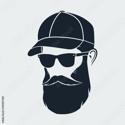 Bearded men in a baseball cap. Hipster face icon isolated. Vector illustration	