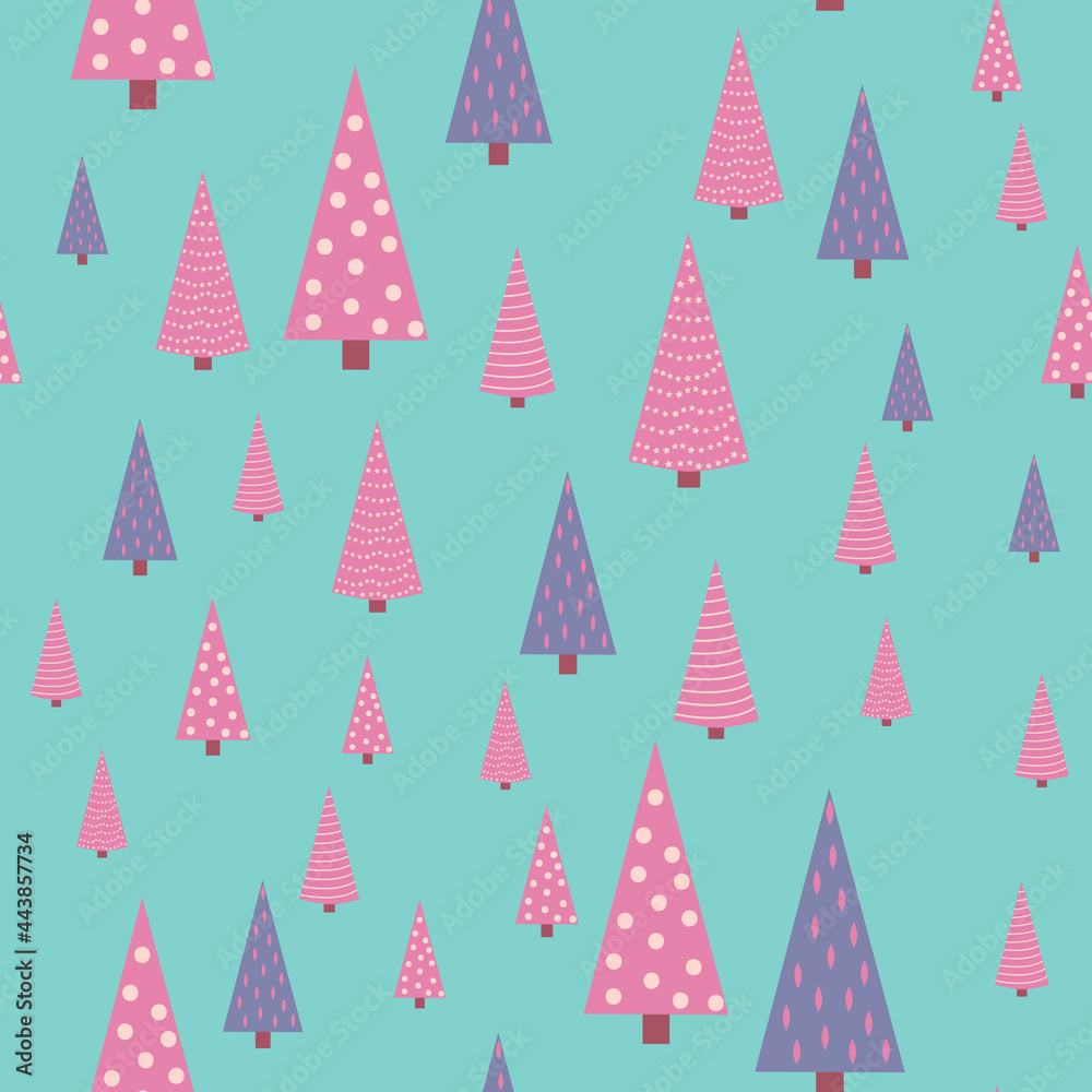 Seamless repeating pattern with textured Christmas trees in black, pastel pink, light blue