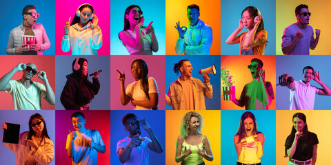 Portrait of group of people on multicolored background in neon light, collage.