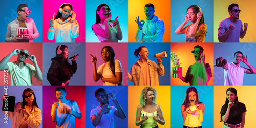 Portrait of group of people on multicolored background in neon light, collage.