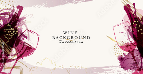 Elegant wine background design. Modern illustration wine glass and bottle with golden details.