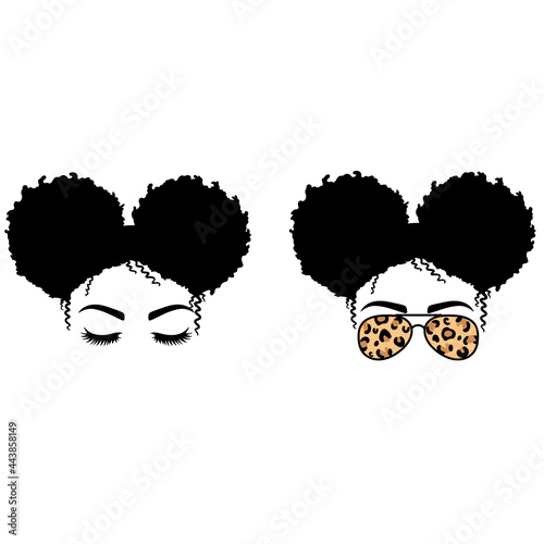 Woman face with aviator glasses  and leopard print. Afro Women. Messy Bun Mom Lifestyle. Vector illustration.  Isolated on white background. Good for posters, t shirts, postcards.