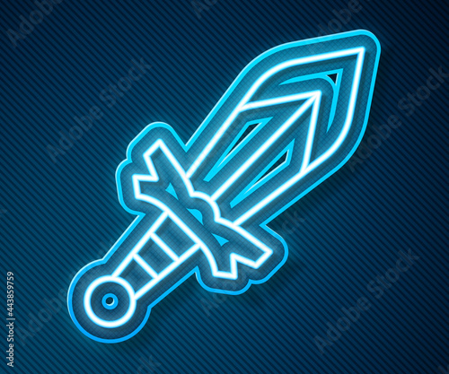 Glowing neon line Medieval sword icon isolated on blue background. Medieval weapon. Vector