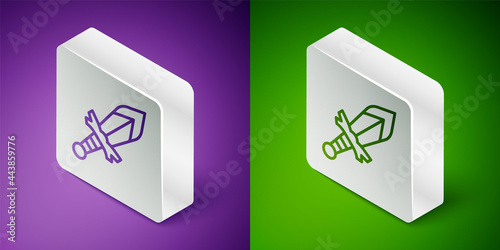 Isometric line Medieval sword icon isolated on purple and green background. Medieval weapon. Silver square button. Vector
