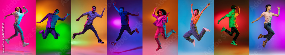 Portrait of group of people jumping isolated on multicolored background in neon light, collage.