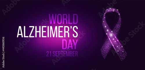 World World Alzheimer's Day concept. Banner template with glowing low poly ribbon awareness. Futuristic modern abstract. Isolated on dark background. Vector illustration