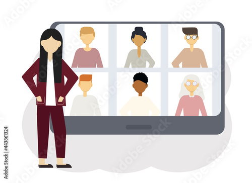 Online conference illustration. A woman next to a computer with portraits of men and women