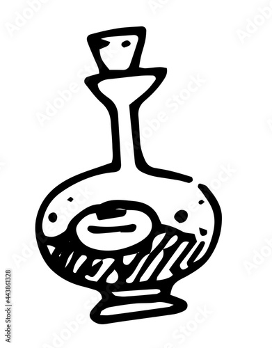Vector magic potion, a round-shaped flask with a long narrow neck with a stopper and a label. A bottle of alchemical potion, hand-drawn in the style of doodles with an isolated black line on a white b