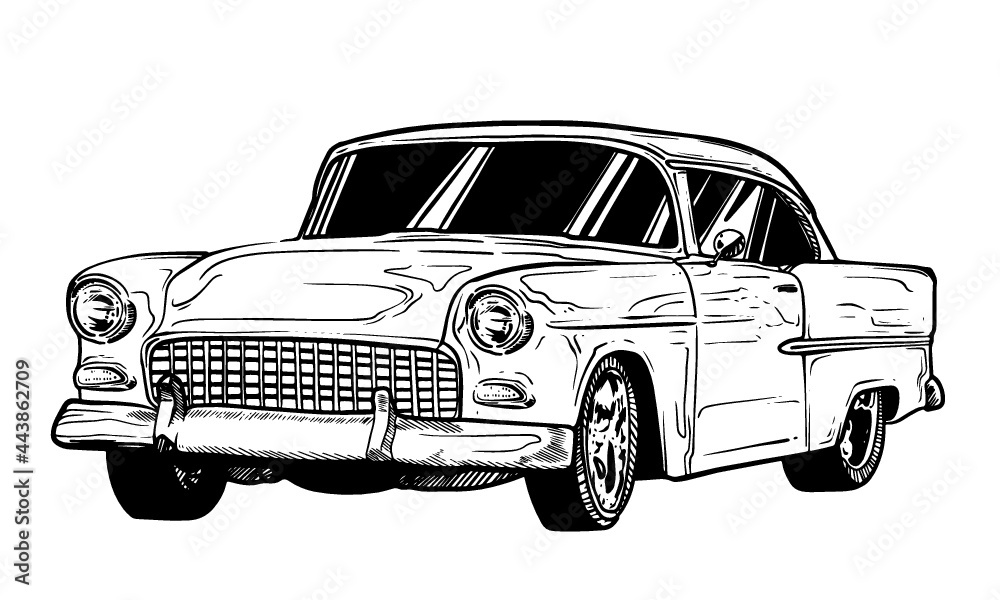 hand drawn illustration of retro American car. Traditional Cuban automobile.