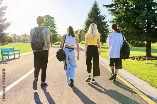 Group of teenage friends on sunny summer day walking together on road, back view photo