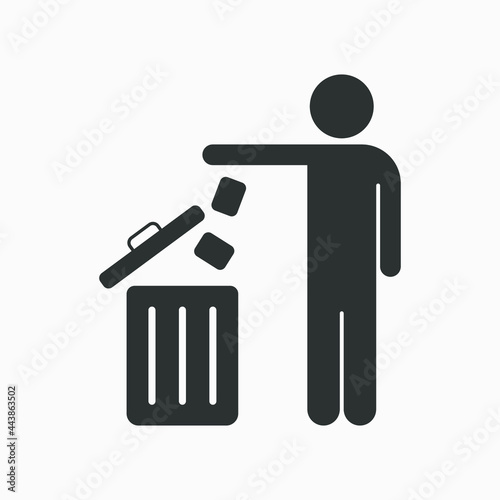 Man throwing trash into a basket, vector icon on the white background, Trash, Garbage, rubbish symbol.