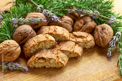 Cantuccini Toscani with walnuts rosemary and lavender flowers