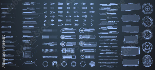 Futuristic User Interface set. Statistics, data information, frame, circle, Callouts titles and arrows. Futuristic digital collection HUD for UI, UX, FUI and GUI projects. Vector isolated illustration