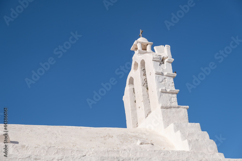 Folegandros island, Old church at Chora town against blue sky background. Greece, Cyclades.