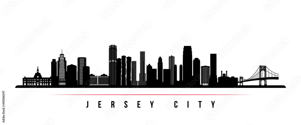 Jersey City skyline horizontal banner. Black and white silhouette of Jersey City, New Jersey. Vector template for your design.