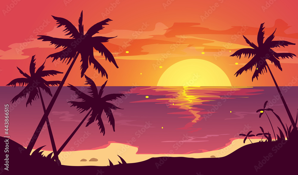 Tropical beach with palm trees and sea. Beautiful view in summer. Vector illustration