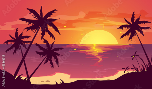 Tropical beach with palm trees and sea. Beautiful view in summer. Vector illustration