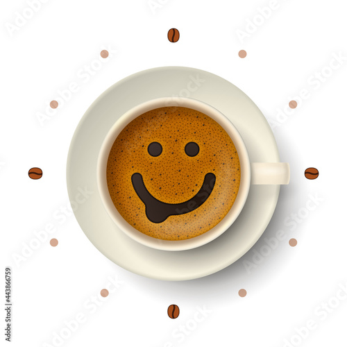 Cup of coffee with happy funny smiling face and coffee beans around