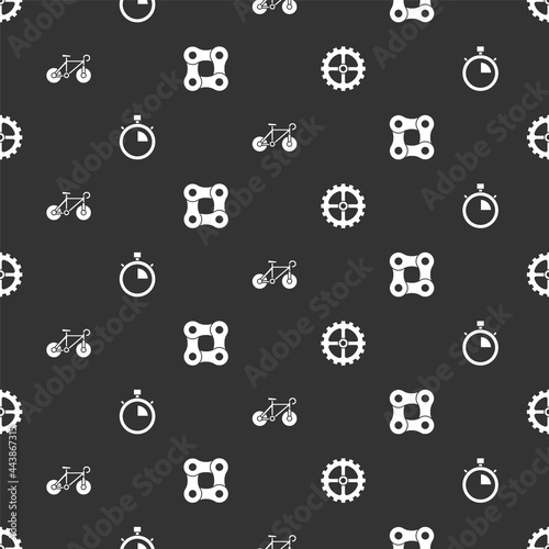 Set Bicycle sprocket crank, Stopwatch, and chain on seamless pattern. Vector