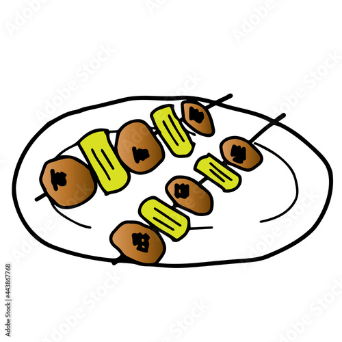 皿に載った焼き鳥のイラスト（ねぎまタレ）