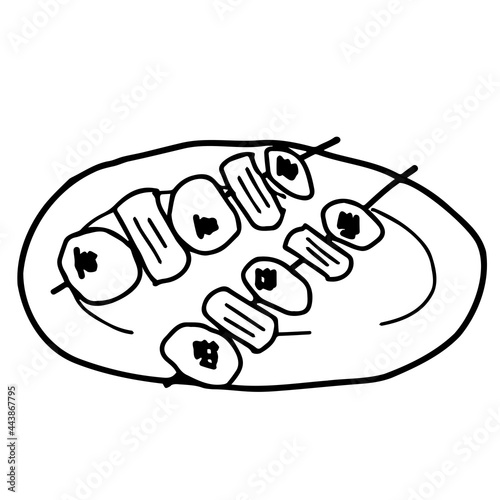 皿に載った焼き鳥の線画イラスト（ねぎまタレ）