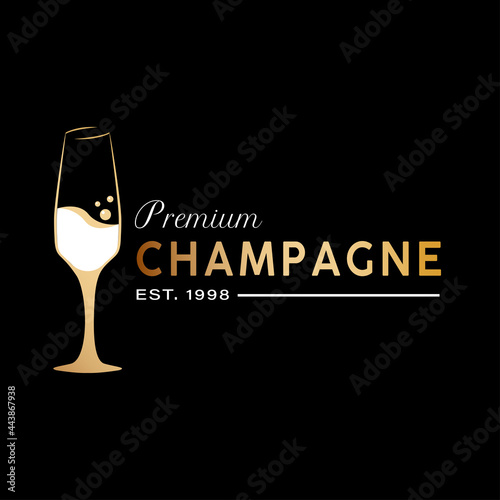 Premium Champagne Glass Logo Design. With gold color on black background