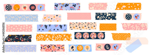 Vector set of Washi tapes with berries,  leaves, flowers and dots. Masking tape or  adhesive strips for frames, scrapbooking, borders, web graphics, crafts, stickers.