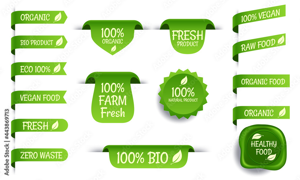 Collection of Green Healthy Organic Natural Eco Bio Food Products Label Stamp Collection of Green Healthy Organic Natural Eco Bio Food Products Label Stamp