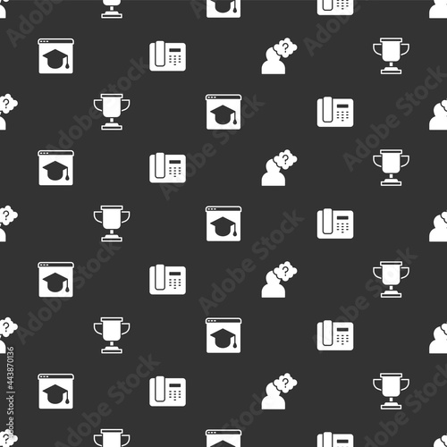 Set Head with question mark, Award cup, Online education and Telephone 24 hours support on seamless pattern. Vector