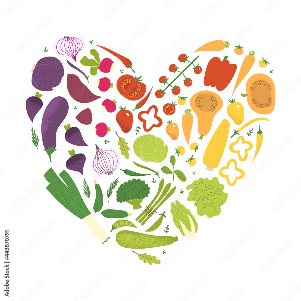 Naklejka premium Heart shaped veggie set. Healthy vegan eating awareness poster. Color spectrum of vegetables: tomato, carrot, pepper, broccoli, onion, eggplant. Healthy salad ingredients.