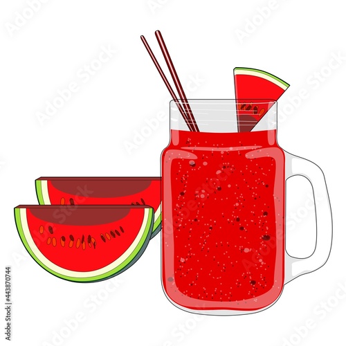 Watermelon juice in a jar for banners, flyers, posters, cards, menu. Fruit juice from watermelons. Delicious, fresh, sweet summer dessert. Watermelon day. Vector illustration in cartoon style.