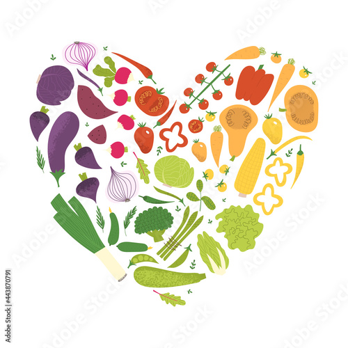 Heart shaped veggie set. Healthy vegan eating awareness poster. Color spectrum of vegetables: tomato, carrot, pepper, broccoli, onion, eggplant. Healthy salad ingredients.